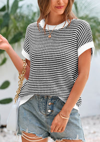 Short Sleeve Round Neck Striped Pullover Cap Sleeve Knit T-shirt