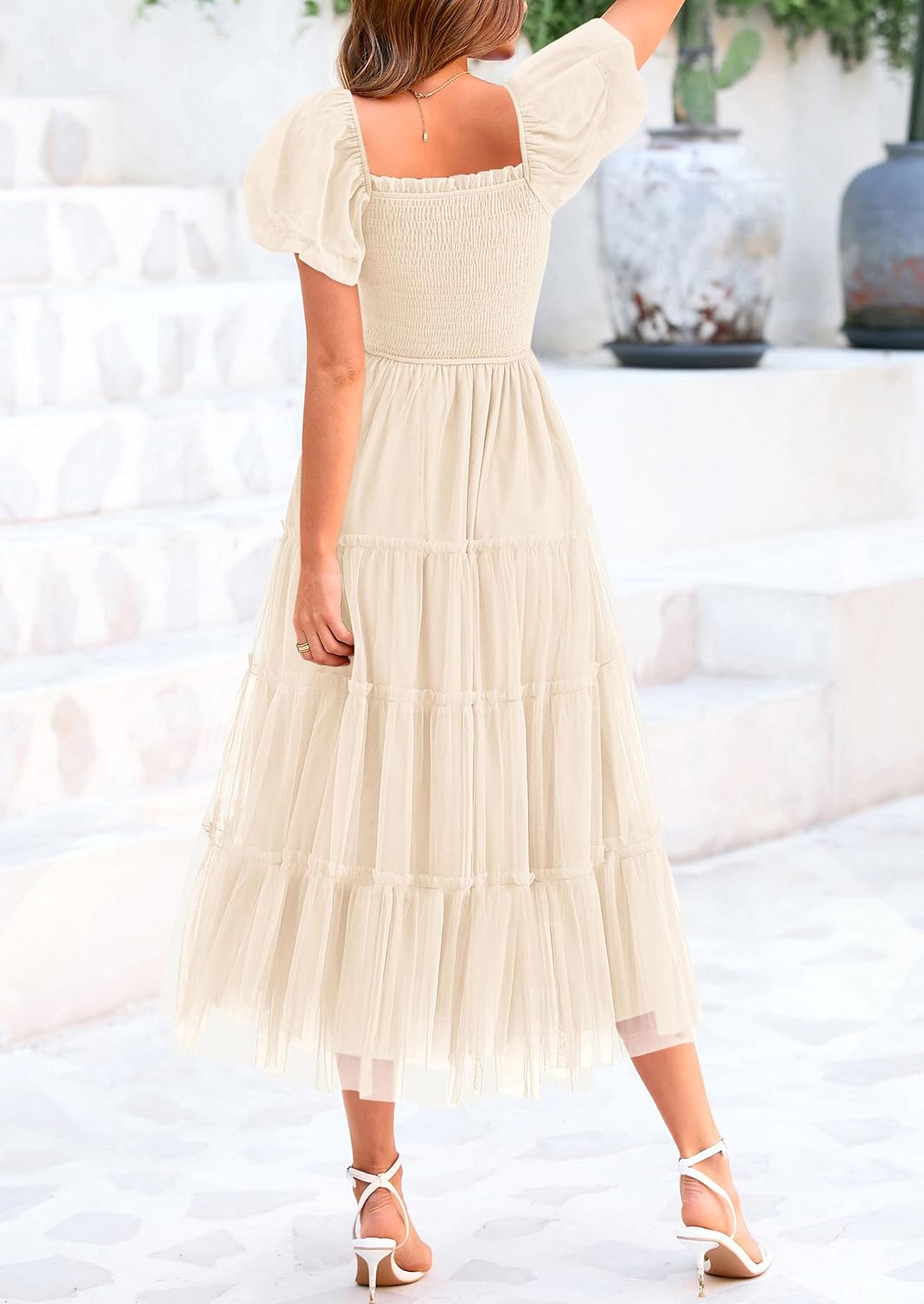 Smocked Tulle Puffy Short Sleeve Square Neck Ruffle Midi Dresses