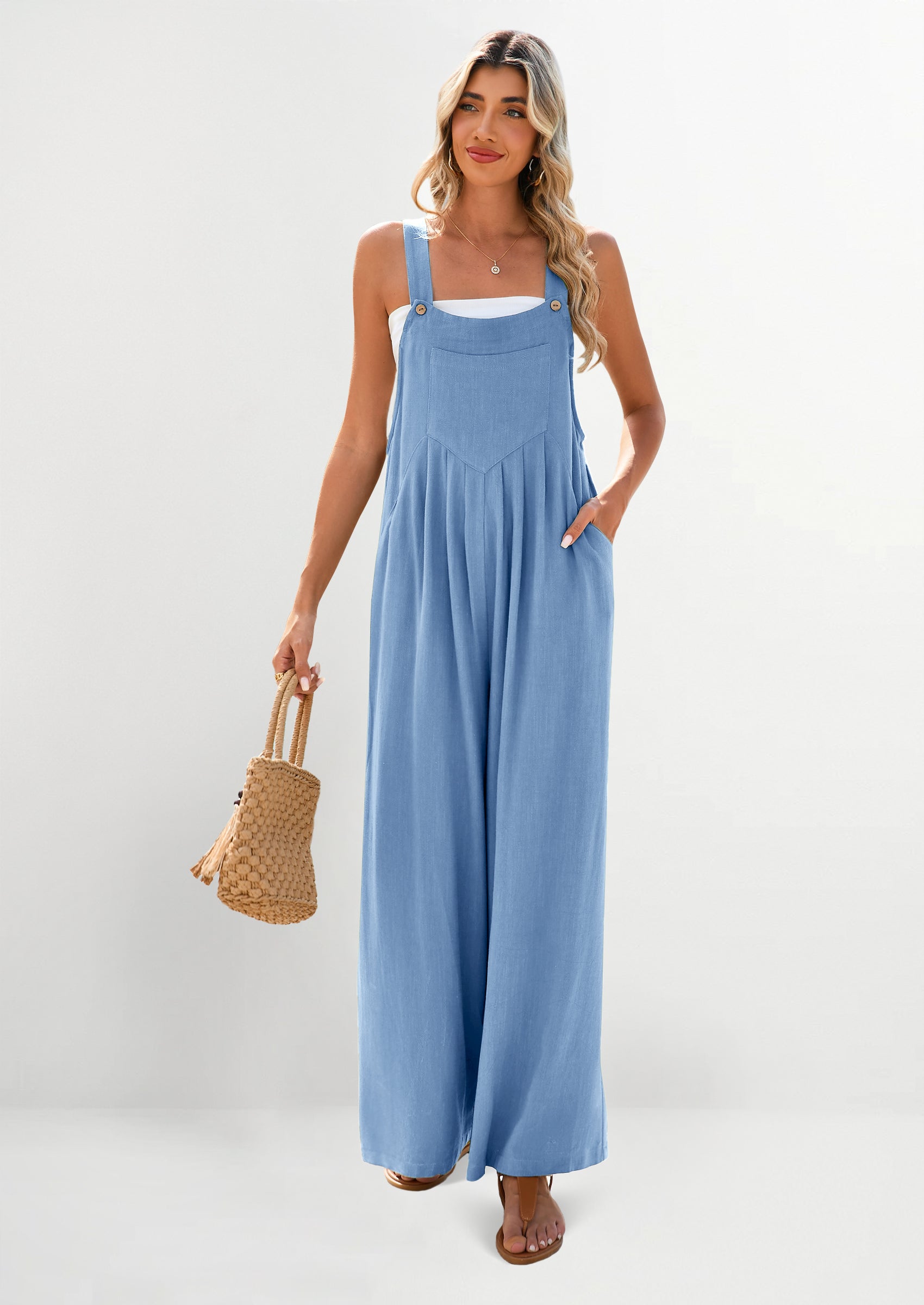 PRETTYGARDEN Women's Bib Overalls Casual Summer Sleeveless Strap Loose Wide Leg Jumpsuits with Pockets