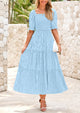 Casual Square Neck Short Sleeve Smocked A Line Floral Flowy Elegant Boho Midi Dresses