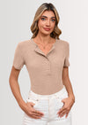 BTFBM Women Summer Henley Tunic Top V Neck Short Sleeve Button UP Solid Slim Fit Casual Ribbed Knit Shirt Blouses