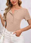 BTFBM Women Summer Henley Tunic Top V Neck Short Sleeve Button UP Solid Slim Fit Casual Ribbed Knit Shirt Blouses