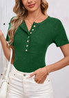 BTFBM Women Summer Henley Tunic Top V Neck Short Sleeve Button UP Solid Slim Fit Casual Ribbed Knit Shirt Blouses