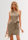PRETTYGARDEN Women's Summer One Shoulder Mini Short Dresses Irregular Hem Belted Fitted Spring Cocktail Party Dress