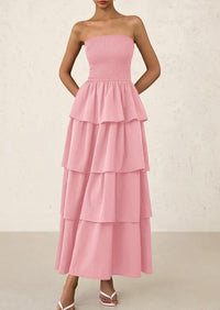 Off Shoulder Smocked Tiered Ruffle Long Flowy Casual Beach Maxi Dress