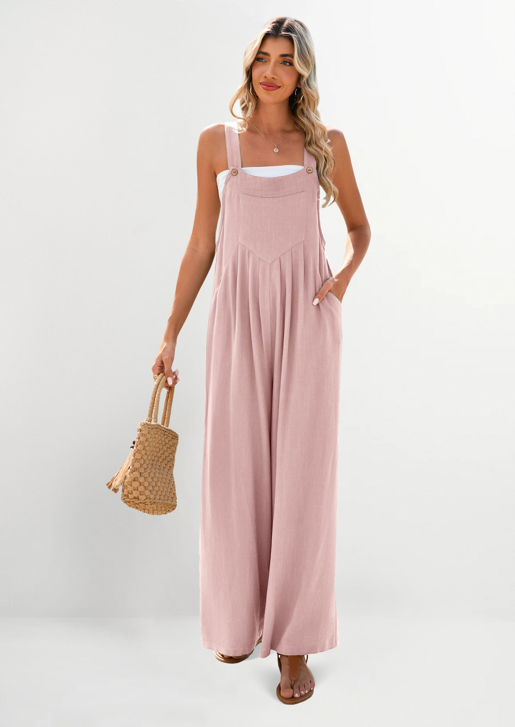 PRETTYGARDEN Women's Bib Overalls Casual Summer Sleeveless Strap Loose Wide Leg Jumpsuits with Pockets