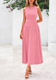 Sleeveless Crew Neck Knit A Line Pleated Swing Wedding Guest Casual Midi Dresses