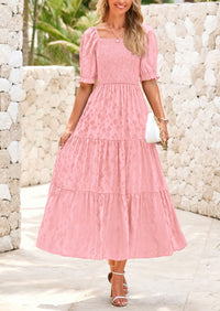 Casual Square Neck Short Sleeve Smocked A Line Floral Flowy Elegant Boho Midi Dresses