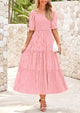 Casual Square Neck Short Sleeve Smocked A Line Floral Flowy Elegant Boho Midi Dresses