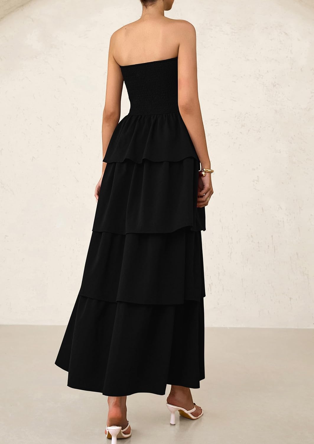 Off Shoulder Smocked Tiered Ruffle Long Flowy Casual Beach Maxi Dress