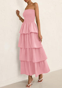 Off Shoulder Smocked Tiered Ruffle Long Flowy Casual Beach Maxi Dress