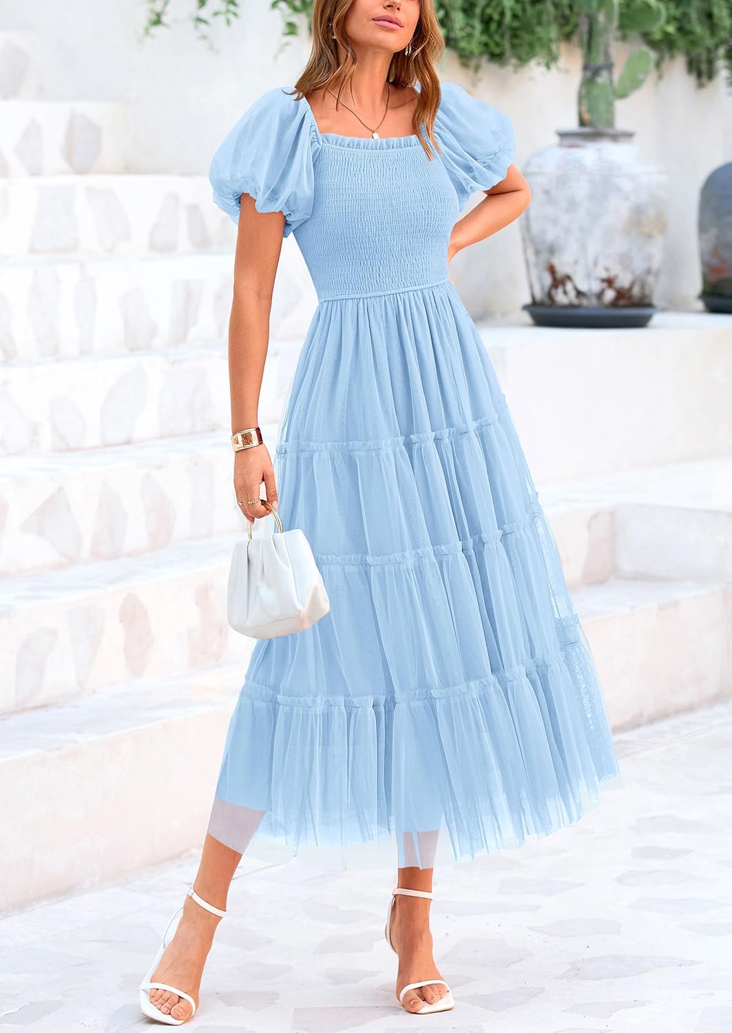 Smocked Tulle Puffy Short Sleeve Square Neck Ruffle Midi Dresses