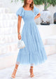 Smocked Tulle Puffy Short Sleeve Square Neck Ruffle Midi Dresses