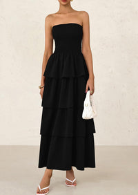Off Shoulder Smocked Tiered Ruffle Long Flowy Casual Beach Maxi Dress