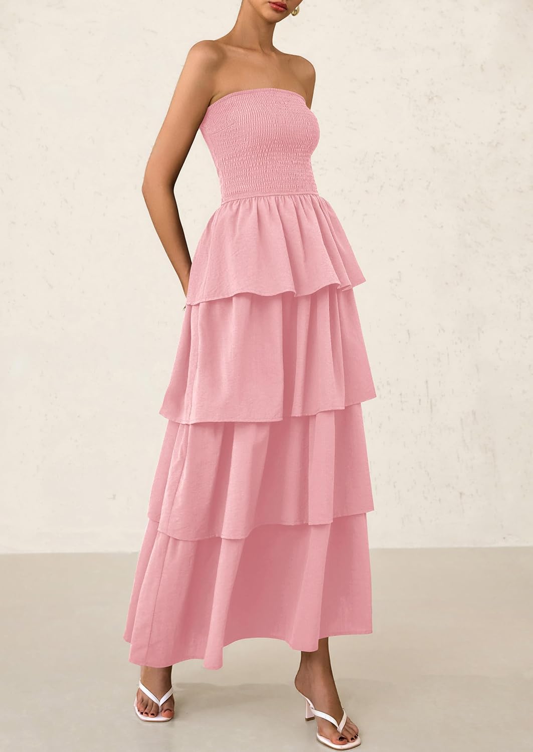 Off Shoulder Smocked Tiered Ruffle Long Flowy Casual Beach Maxi Dress