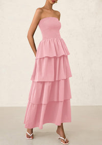 Off Shoulder Smocked Tiered Ruffle Long Flowy Casual Beach Maxi Dress
