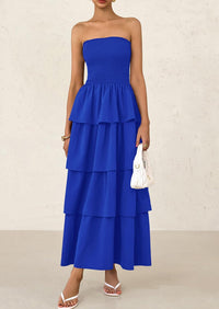 Off Shoulder Smocked Tiered Ruffle Long Flowy Casual Beach Maxi Dress