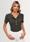 BTFBM Women Summer Henley Tunic Top V Neck Short Sleeve Button UP Solid Slim Fit Casual Ribbed Knit Shirt Blouses