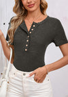 BTFBM Women Summer Henley Tunic Top V Neck Short Sleeve Button UP Solid Slim Fit Casual Ribbed Knit Shirt Blouses