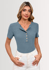 BTFBM Women Summer Henley Tunic Top V Neck Short Sleeve Button UP Solid Slim Fit Casual Ribbed Knit Shirt Blouses