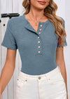 BTFBM Women Summer Henley Tunic Top V Neck Short Sleeve Button UP Solid Slim Fit Casual Ribbed Knit Shirt Blouses