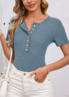 BTFBM Women Summer Henley Tunic Top V Neck Short Sleeve Button UP Solid Slim Fit Casual Ribbed Knit Shirt Blouses