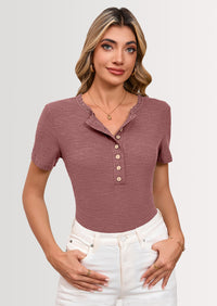 BTFBM Women Summer Henley Tunic Top V Neck Short Sleeve Button UP Solid Slim Fit Casual Ribbed Knit Shirt Blouses