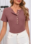 BTFBM Women Summer Henley Tunic Top V Neck Short Sleeve Button UP Solid Slim Fit Casual Ribbed Knit Shirt Blouses