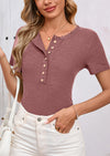 BTFBM Women Summer Henley Tunic Top V Neck Short Sleeve Button UP Solid Slim Fit Casual Ribbed Knit Shirt Blouses
