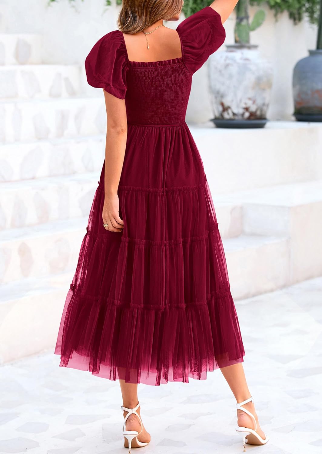Smocked Tulle Puffy Short Sleeve Square Neck Ruffle Midi Dresses