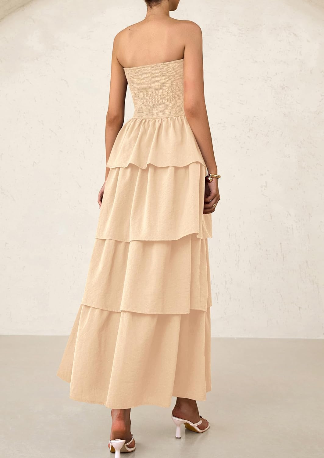 Off Shoulder Smocked Tiered Ruffle Long Flowy Casual Beach Maxi Dress