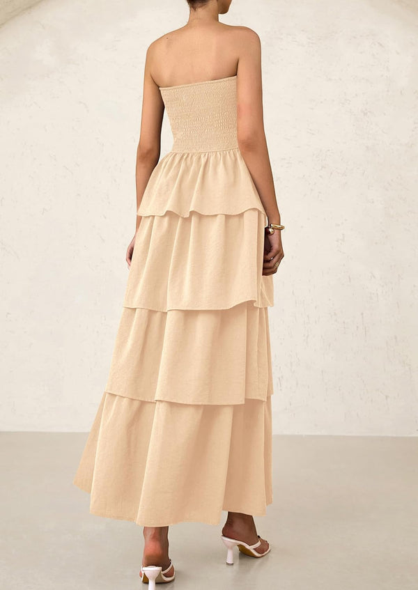 Off Shoulder Smocked Tiered Ruffle Long Flowy Casual Beach Maxi Dress