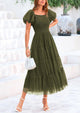 Smocked Tulle Puffy Short Sleeve Square Neck Ruffle Midi Dresses