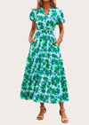 MASCOMODA Summer Maxi Dresses for Women Casual V Neck Puff Short Sleeve Smocked Flowy Beach Boho Long Floral Dress