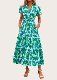 MASCOMODA Summer Maxi Dresses for Women Casual V Neck Puff Short Sleeve Smocked Flowy Beach Boho Long Floral Dress