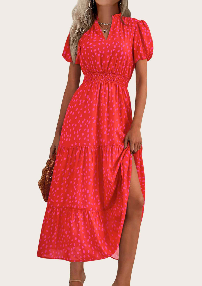 MASCOMODA Summer Maxi Dresses for Women Casual V Neck Puff Short Sleeve Smocked Flowy Beach Boho Long Floral Dress