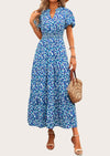 MASCOMODA Summer Maxi Dresses for Women Casual V Neck Puff Short Sleeve Smocked Flowy Beach Boho Long Floral Dress