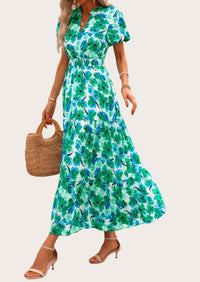 MASCOMODA Summer Maxi Dresses for Women Casual V Neck Puff Short Sleeve Smocked Flowy Beach Boho Long Floral Dress