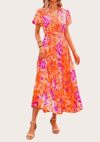 MASCOMODA Summer Maxi Dresses for Women Casual V Neck Puff Short Sleeve Smocked Flowy Beach Boho Long Floral Dress