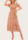 MASCOMODA Summer Maxi Dresses for Women Casual V Neck Puff Short Sleeve Smocked Flowy Beach Boho Long Floral Dress