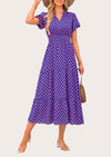 MASCOMODA Summer Maxi Dresses for Women Casual V Neck Puff Short Sleeve Smocked Flowy Beach Boho Long Floral Dress