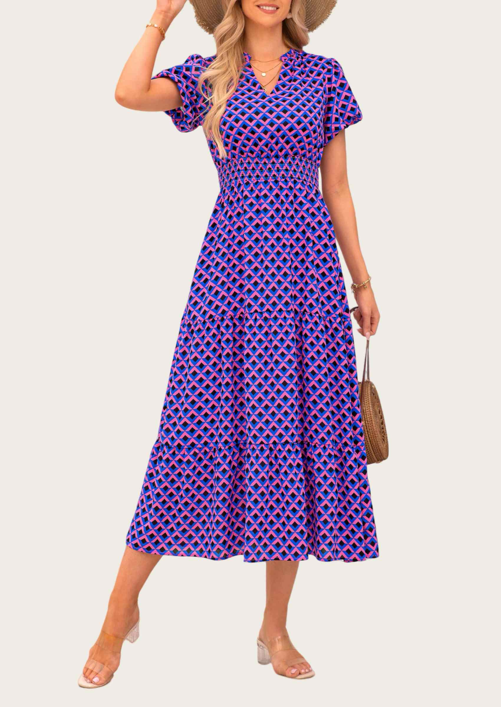 MASCOMODA Summer Maxi Dresses for Women Casual V Neck Puff Short Sleeve Smocked Flowy Beach Boho Long Floral Dress