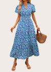 MASCOMODA Summer Maxi Dresses for Women Casual V Neck Puff Short Sleeve Smocked Flowy Beach Boho Long Floral Dress
