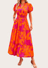 MASCOMODA Summer Maxi Dresses for Women Casual V Neck Puff Short Sleeve Smocked Flowy Beach Boho Long Floral Dress