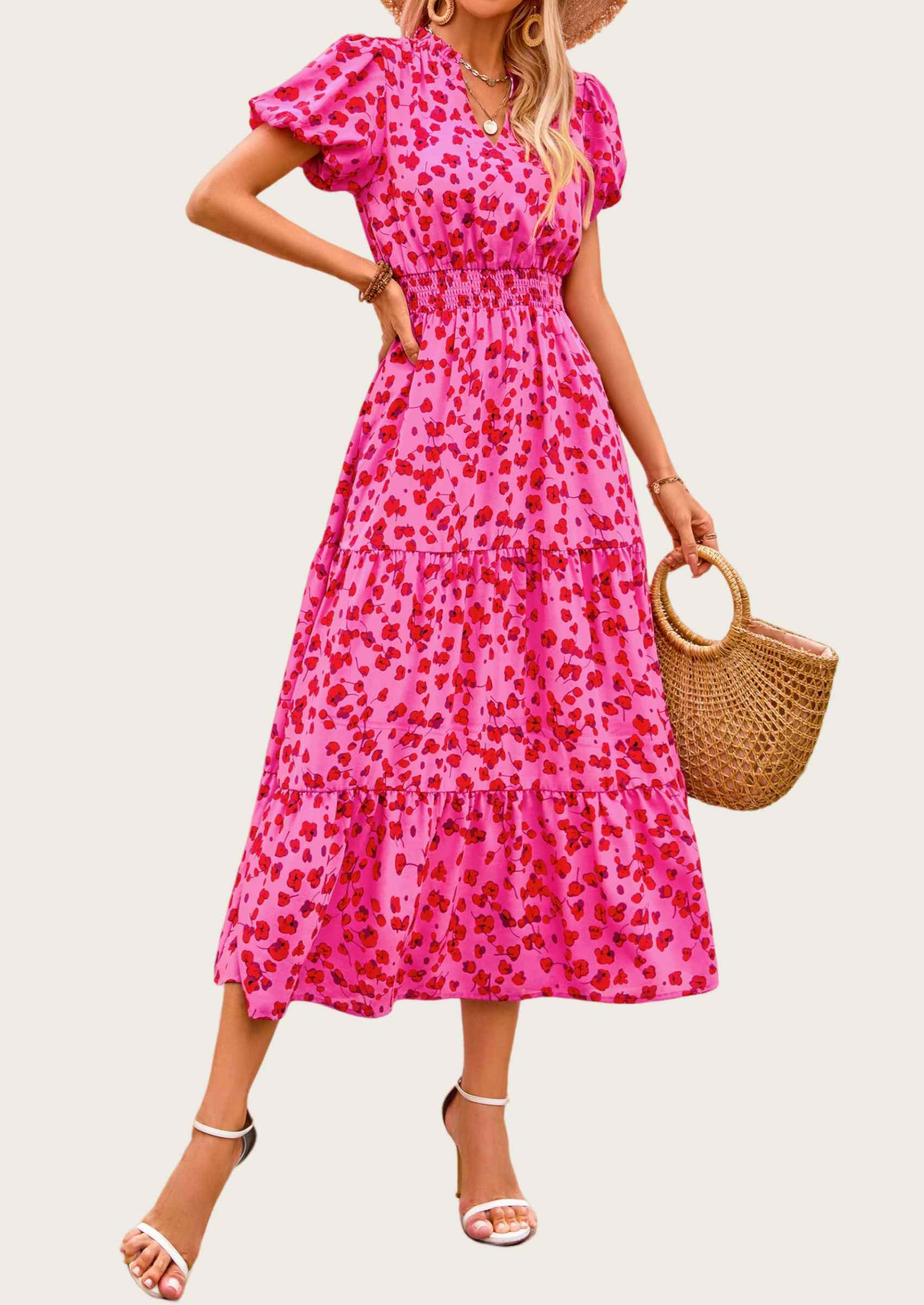 MASCOMODA Summer Maxi Dresses for Women Casual V Neck Puff Short Sleeve Smocked Flowy Beach Boho Long Floral Dress