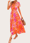 MASCOMODA Summer Maxi Dresses for Women Casual V Neck Puff Short Sleeve Smocked Flowy Beach Boho Long Floral Dress