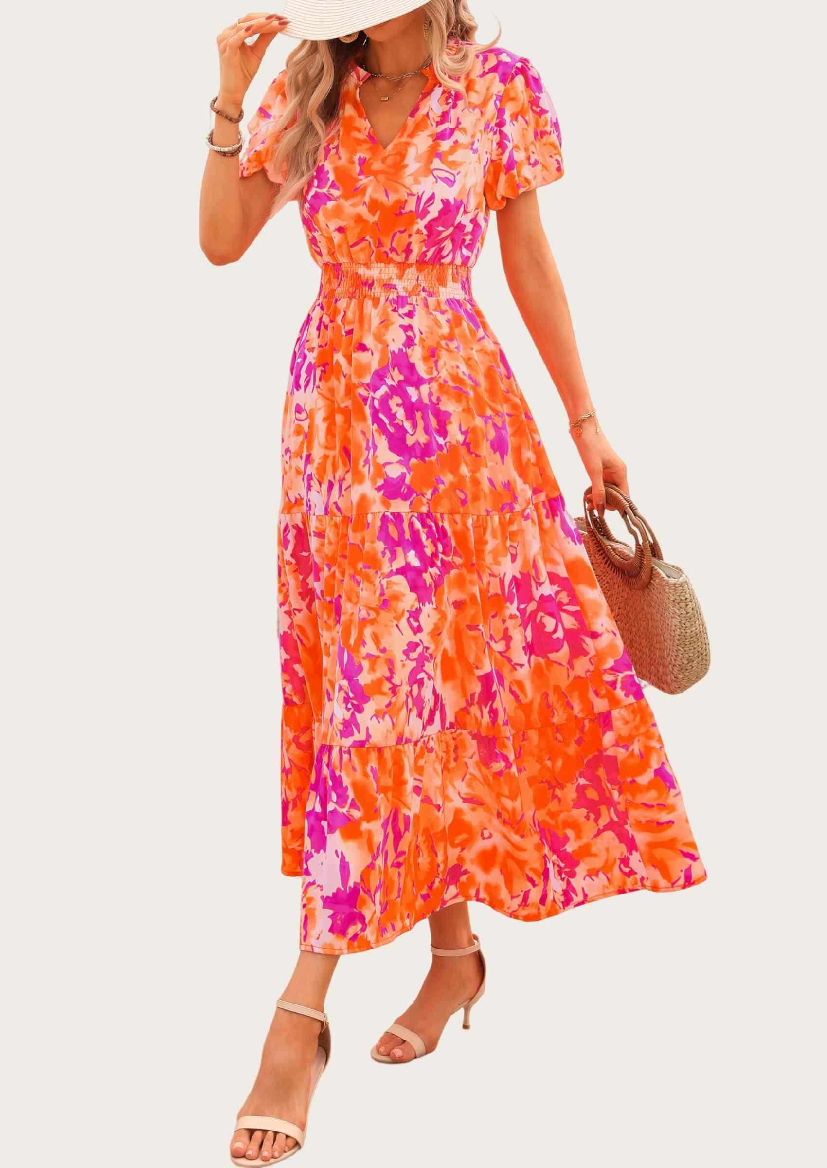 MASCOMODA Summer Maxi Dresses for Women Casual V Neck Puff Short Sleeve Smocked Flowy Beach Boho Long Floral Dress