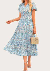 MASCOMODA Summer Maxi Dresses for Women Casual V Neck Puff Short Sleeve Smocked Flowy Beach Boho Long Floral Dress