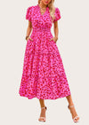 MASCOMODA Summer Maxi Dresses for Women Casual V Neck Puff Short Sleeve Smocked Flowy Beach Boho Long Floral Dress