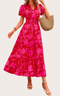 MASCOMODA Summer Maxi Dresses for Women Casual V Neck Puff Short Sleeve Smocked Flowy Beach Boho Long Floral Dress